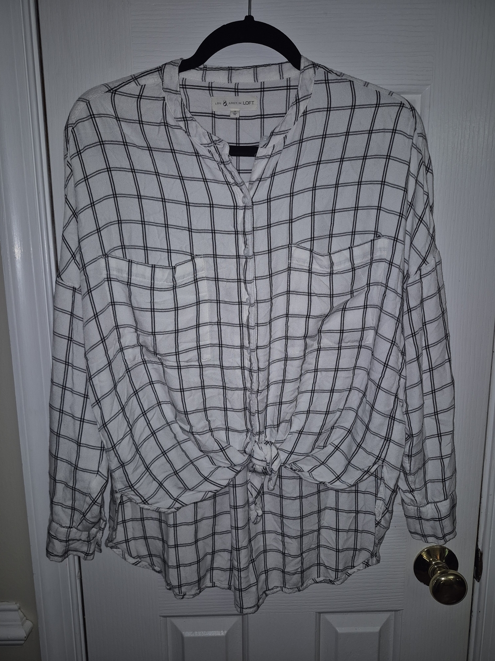 Lou & Grey for LOFT Windowpane Plaid Tie Front Shirt Ivory Black Small